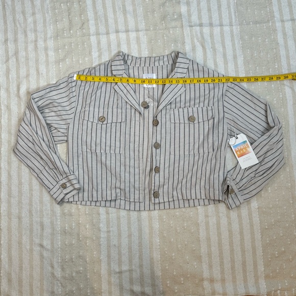 April Kiss linen blend button down striped crop long sleeve shirt - Picture 12 of 12